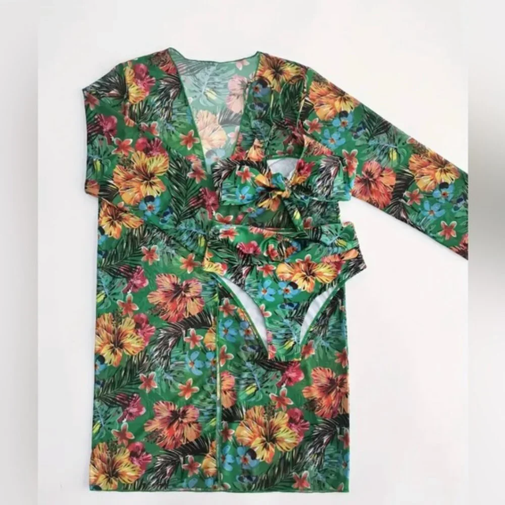 Dark Green Tropical Bikini & Cover Up, Print High Stretch 3 Piece